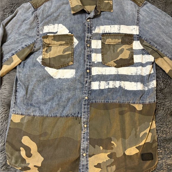 Patchwork Denim & Camo Button-Up Shirt - Picture 2 of 5